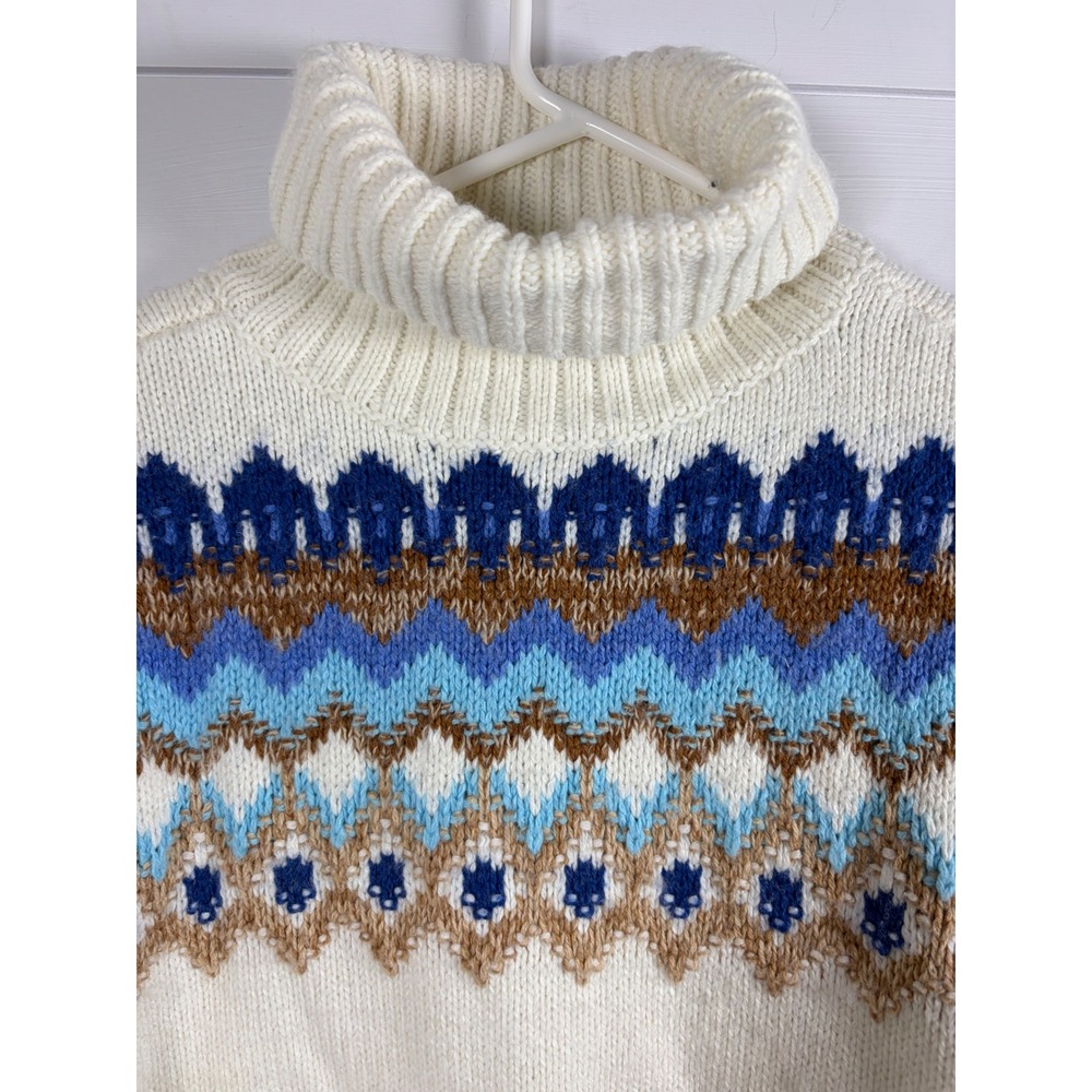 Lands End Fair Isle Turtleneck Sweater Ivory Blue Cotton Blend L 14-16 Nordic - Picture 3 of 10